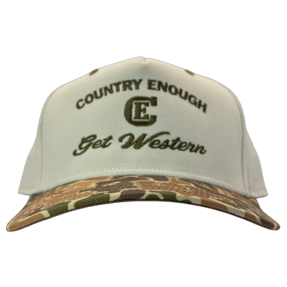 legacy heritage snapback hat with words country enough get western and graphic of CE logo #duckcamo
