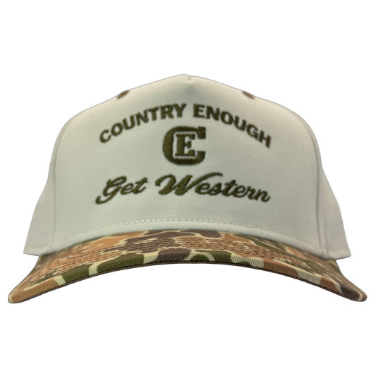 legacy heritage snapback hat with words country enough get western and graphic of CE logo #duckcamo