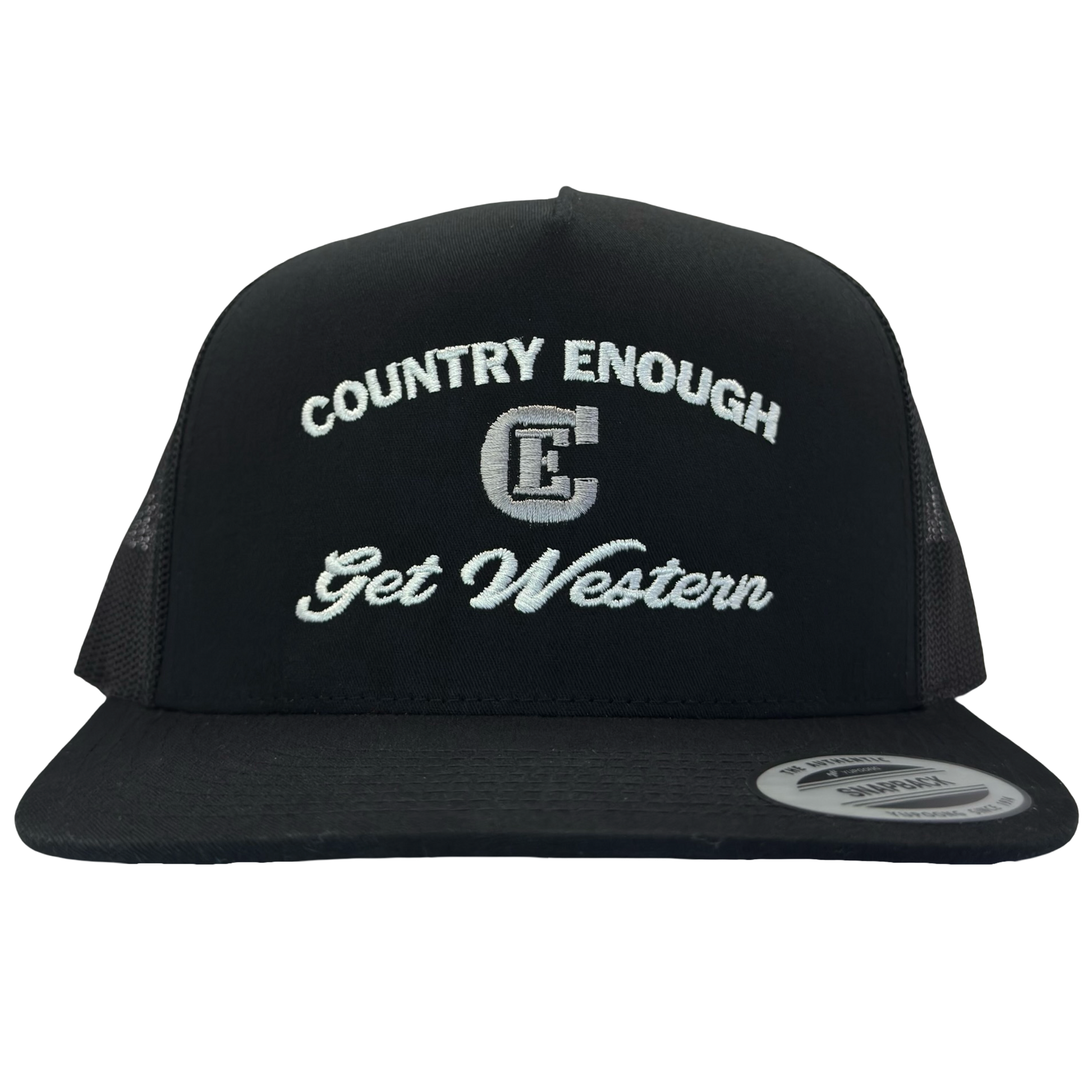 Yupoong 6006 flat bill snapback with words country enough get western and CE logo #black