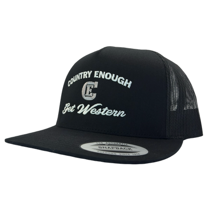 Yupoong 6006 flat bill snapback with words country enough get western and CE logo #black