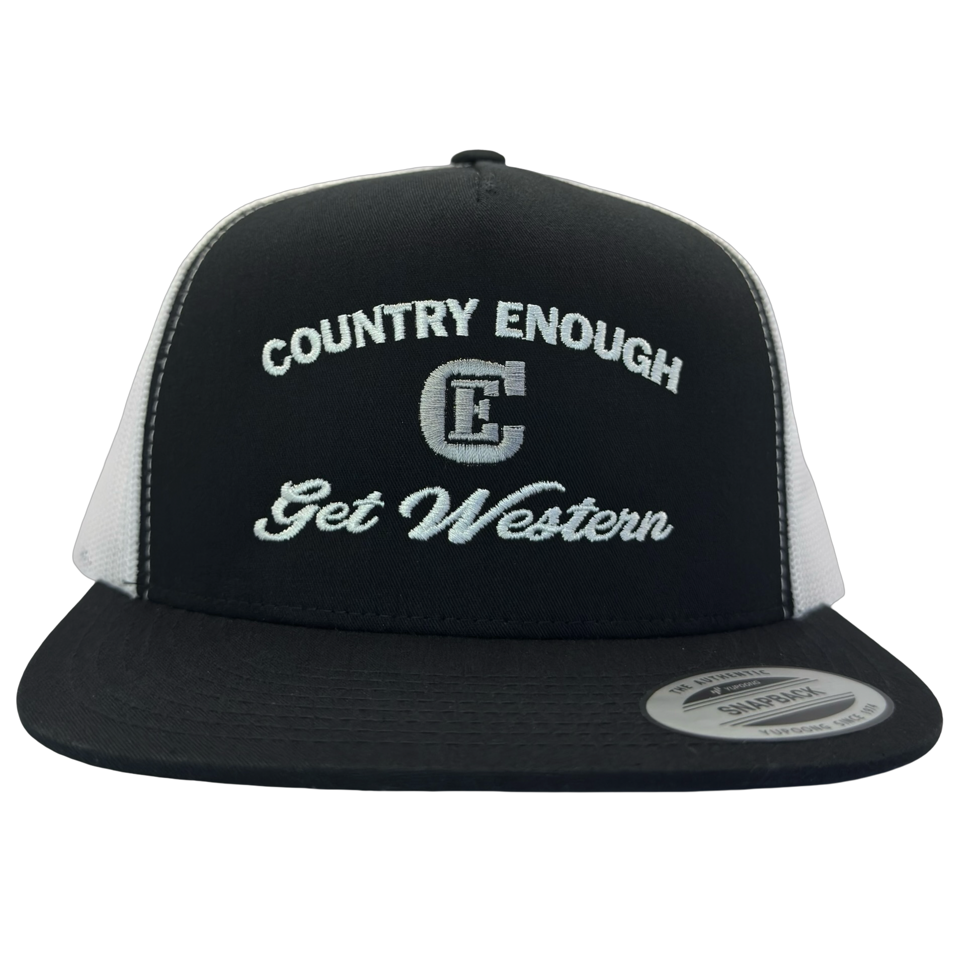 Yupoong 6006 flat bill snapback with words country enough get western and CE logo #black/white