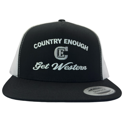 Yupoong 6006 flat bill snapback with words country enough get western and CE logo #black/white