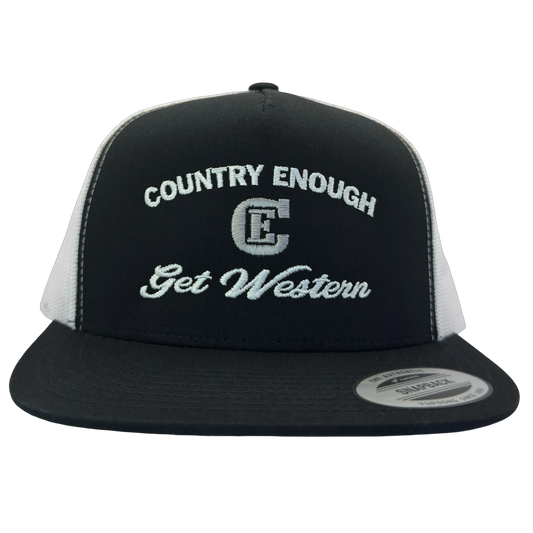 Yupoong 6006 flat bill snapback with words country enough get western and CE logo #black/white
