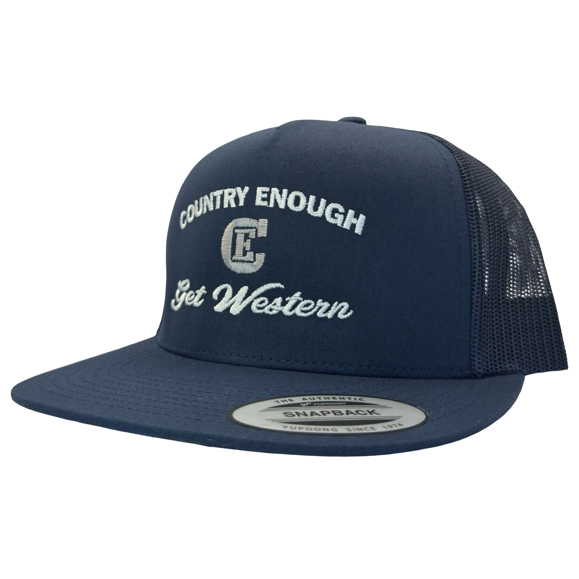 Yupoong 6006 flat bill snapback with words country enough get western and CE logo #navy