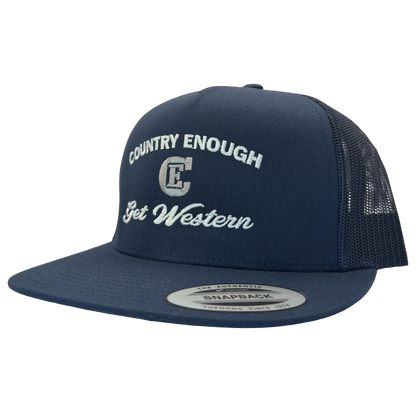 Yupoong 6006 flat bill snapback with words country enough get western and CE logo #navy