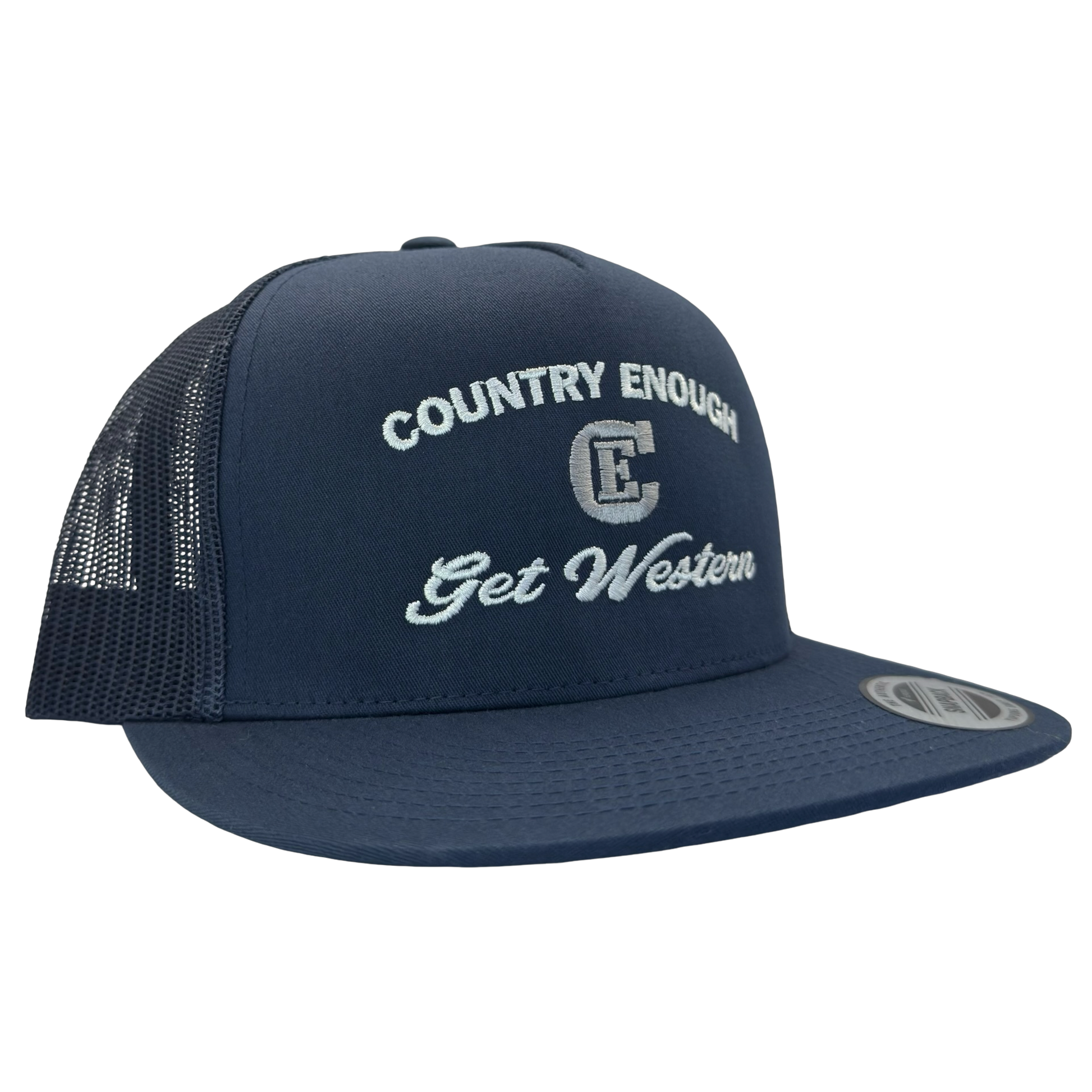 Yupoong 6006 flat bill snapback with words country enough get western and CE logo #navy