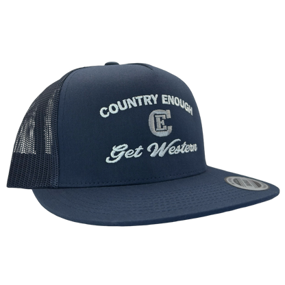 Yupoong 6006 flat bill snapback with words country enough get western and CE logo #navy