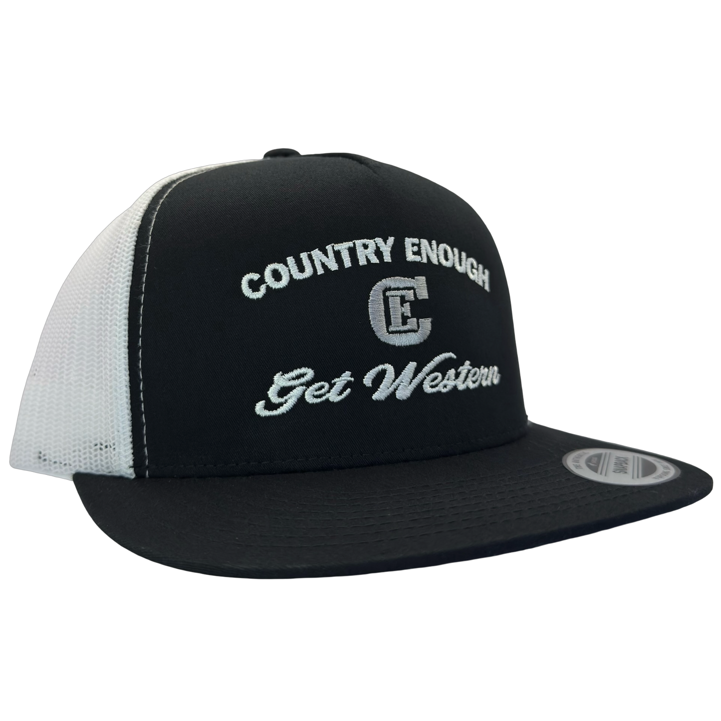 Yupoong 6006 flat bill snapback with words country enough get western and CE logo #black/white