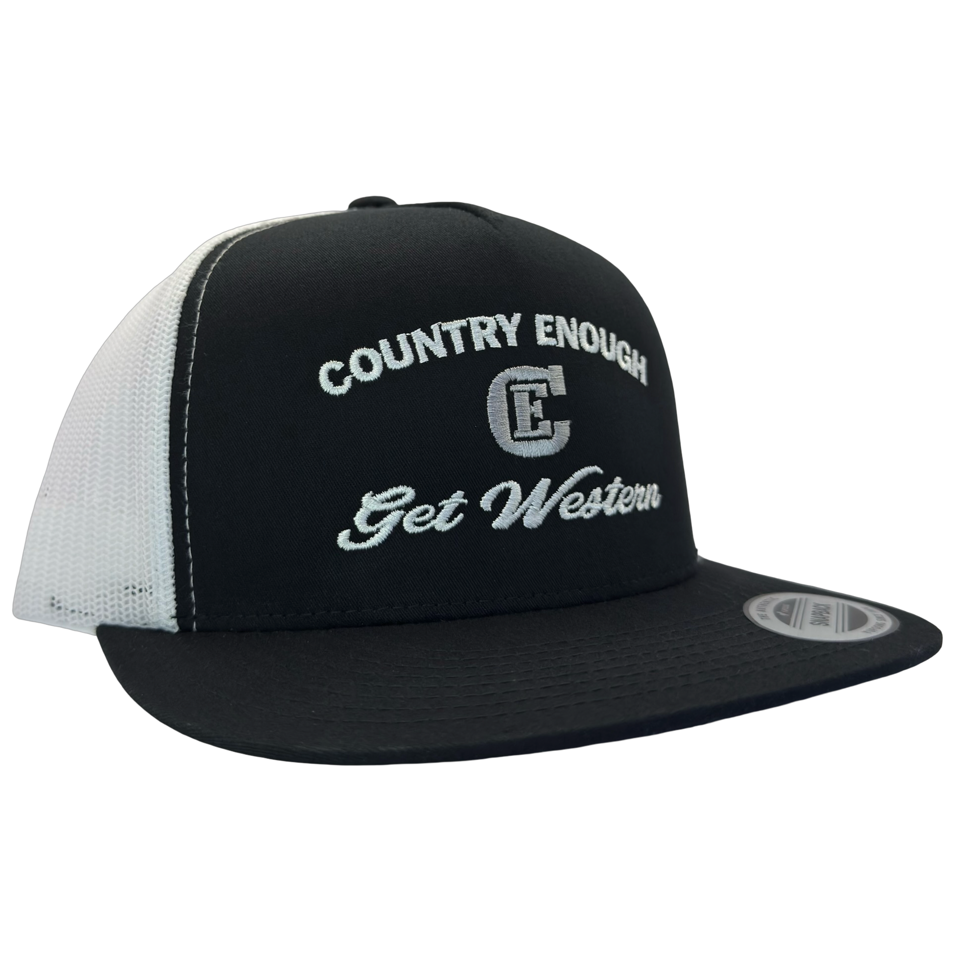 Yupoong 6006 flat bill snapback with words country enough get western and CE logo #black/white