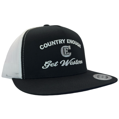 Yupoong 6006 flat bill snapback with words country enough get western and CE logo #black/white