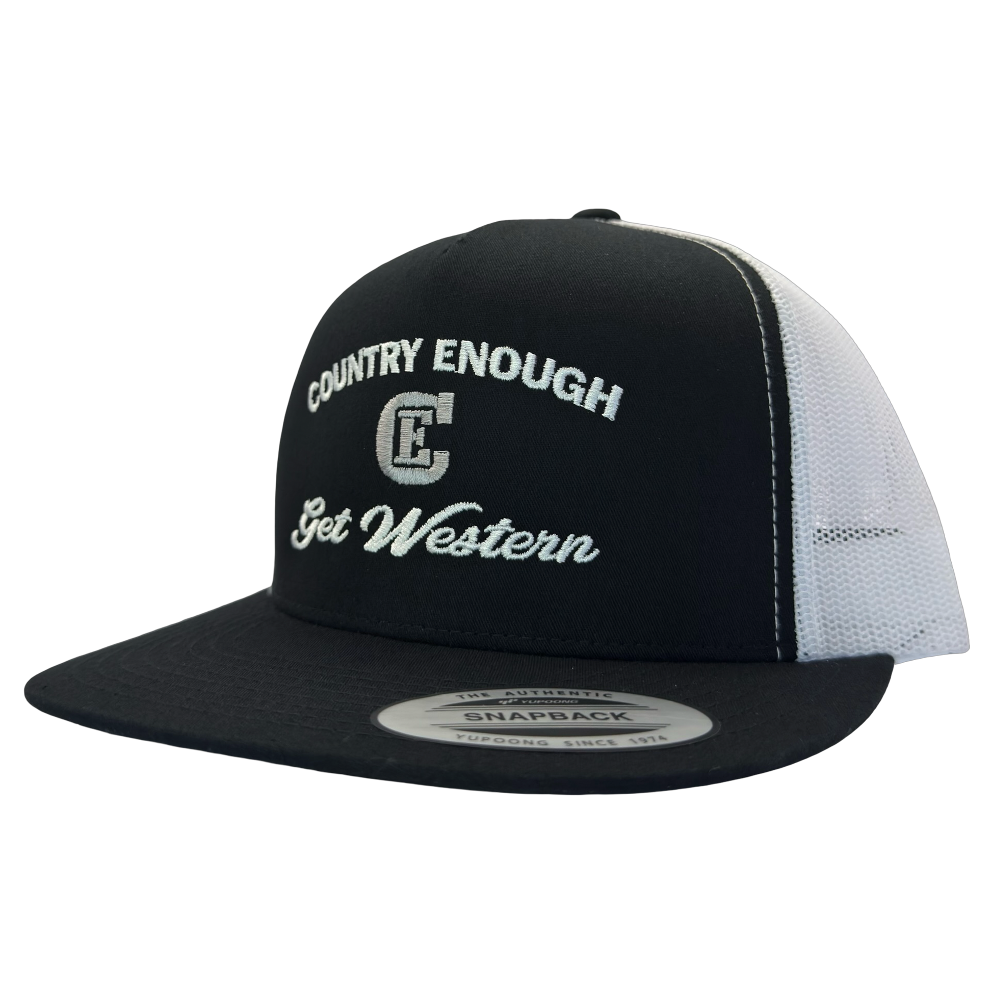 Yupoong 6006 flat bill snapback with words country enough get western and CE logo #black/white