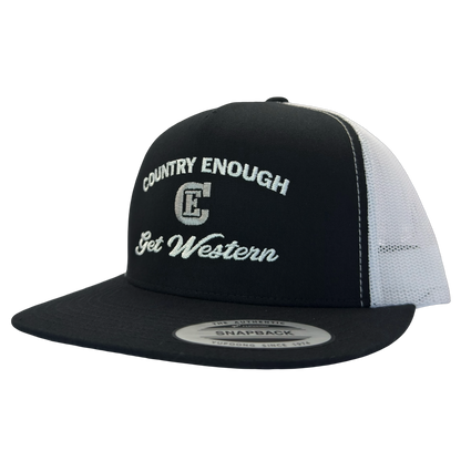 Yupoong 6006 flat bill snapback with words country enough get western and CE logo #black/white