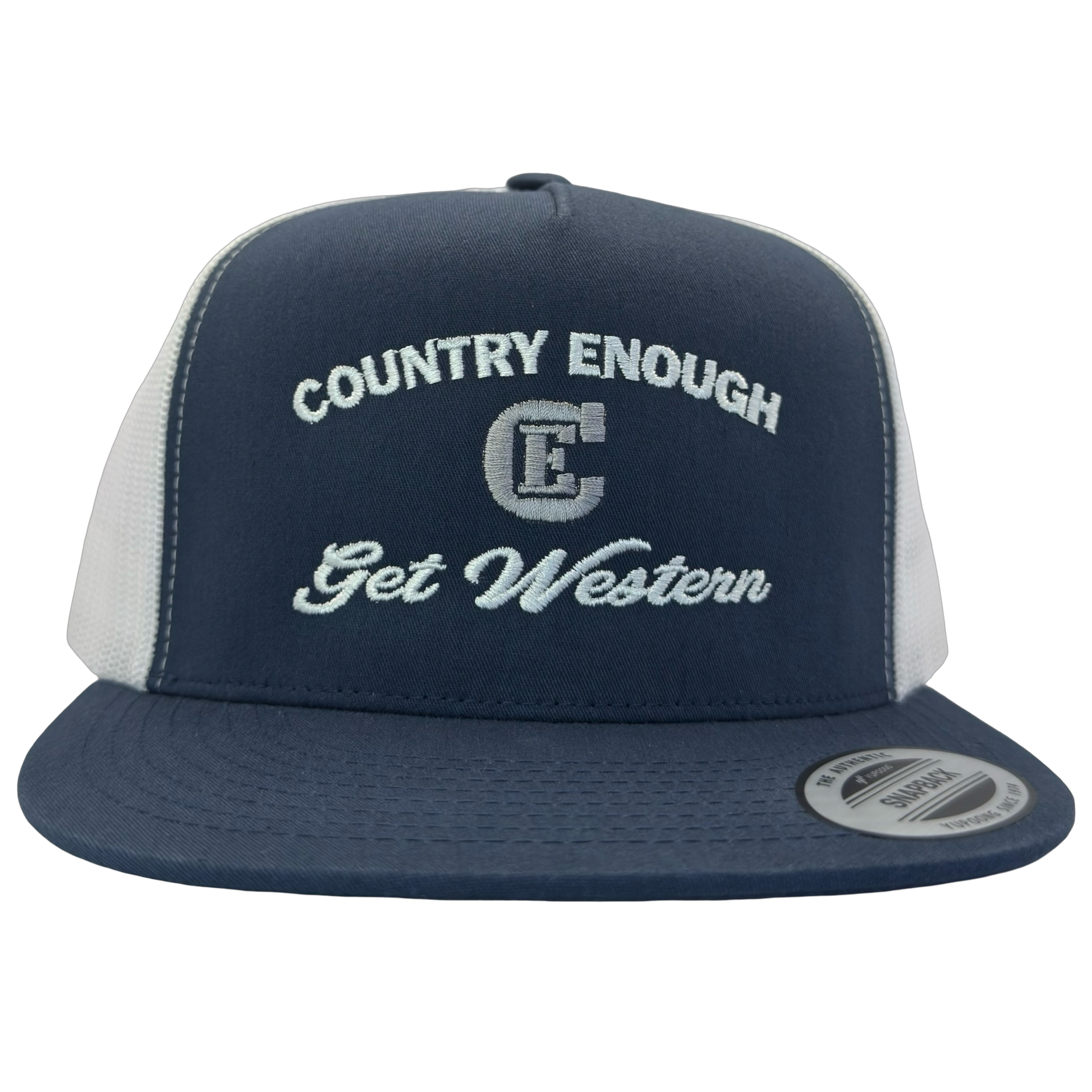 Yupoong 6006 flat bill snapback with words country enough get western and CE logo #navy/white