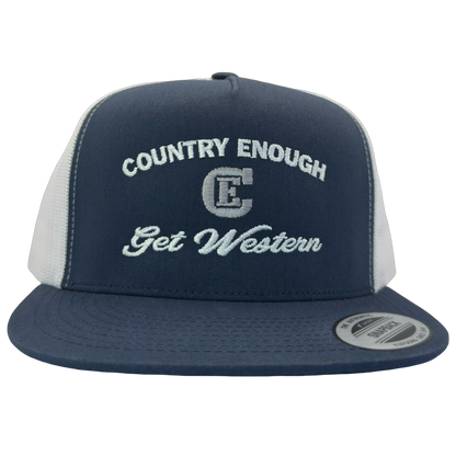 Yupoong 6006 flat bill snapback with words country enough get western and CE logo #navy/white