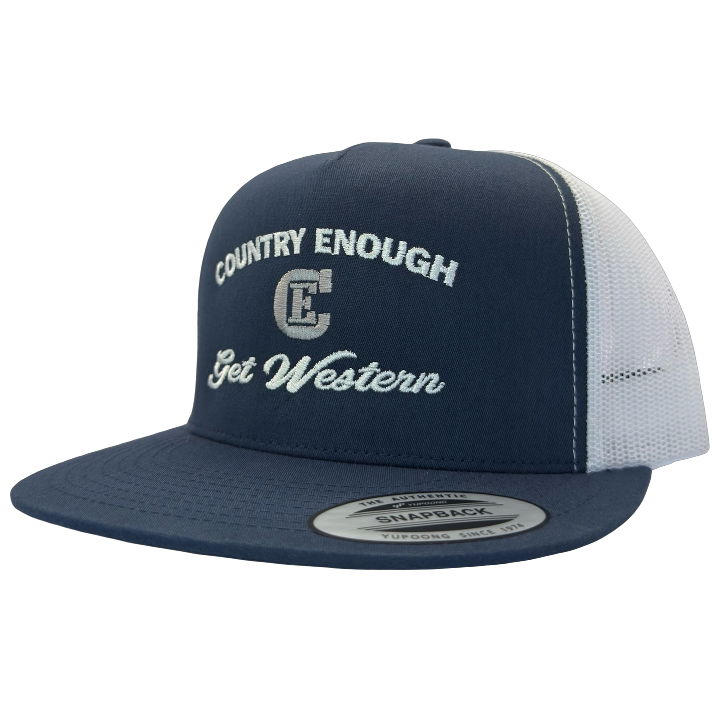 Yupoong 6006 flat bill snapback with words country enough get western and CE logo #navy/white