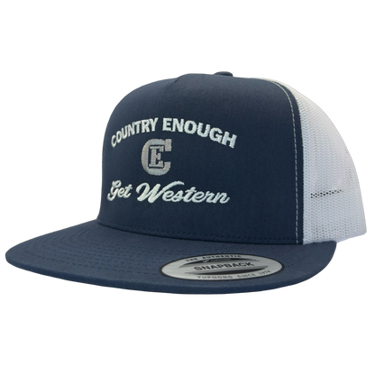 Yupoong 6006 flat bill snapback with words country enough get western and CE logo #navy/white