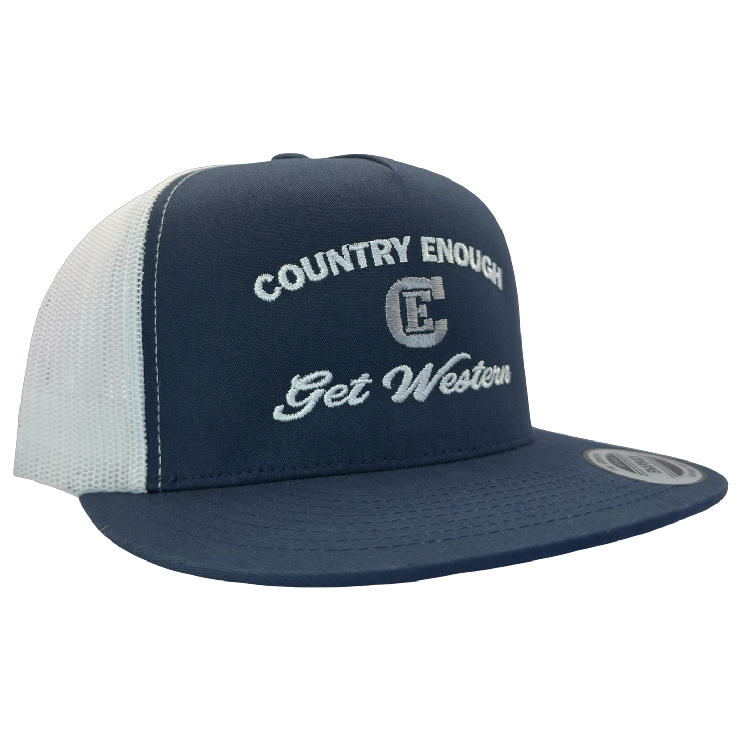 Yupoong 6006 flat bill snapback with words country enough get western and CE logo #navy/white