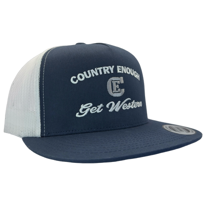 Yupoong 6006 flat bill snapback with words country enough get western and CE logo #navy/white