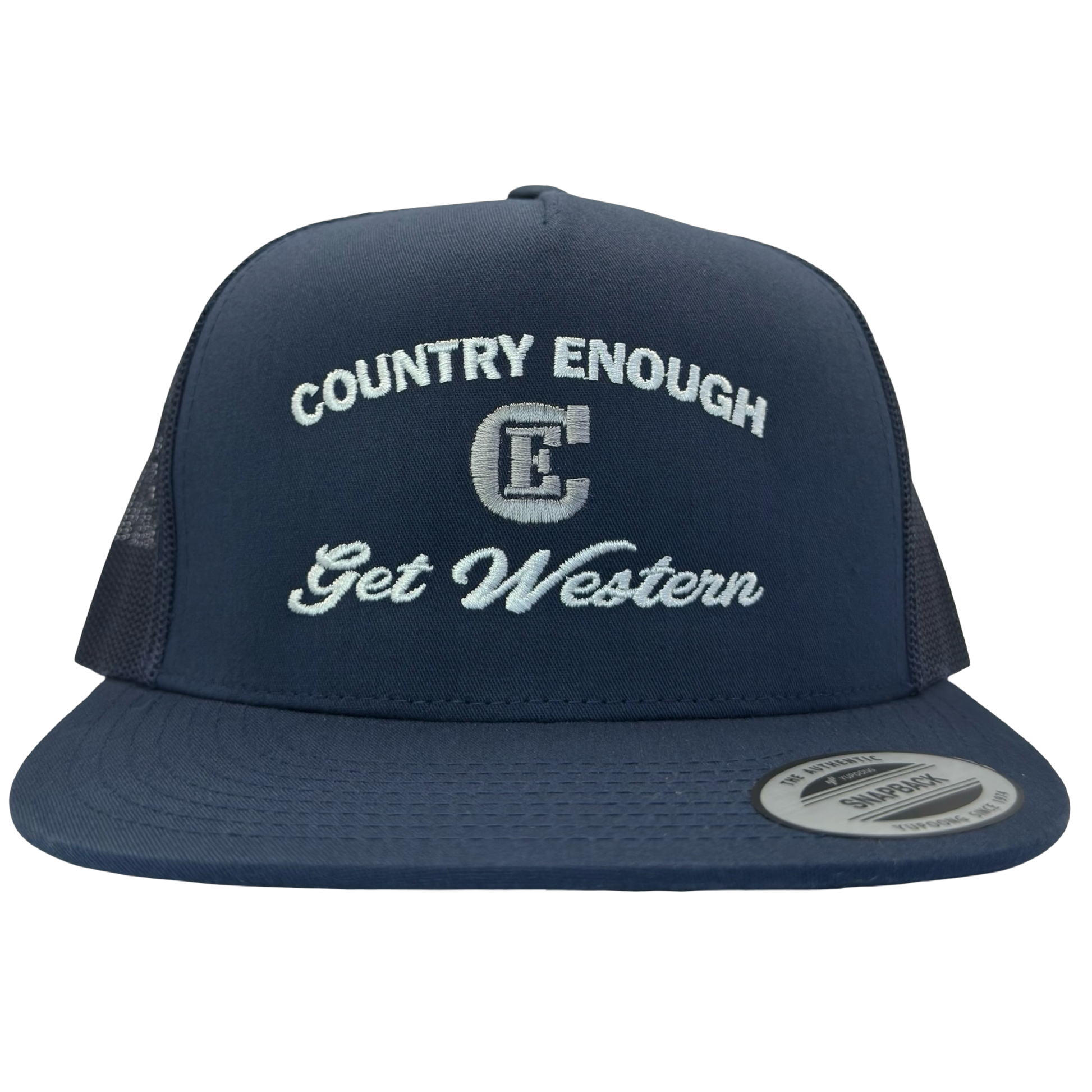 Yupoong 6006 flat bill snapback with words country enough get western and CE logo #navy