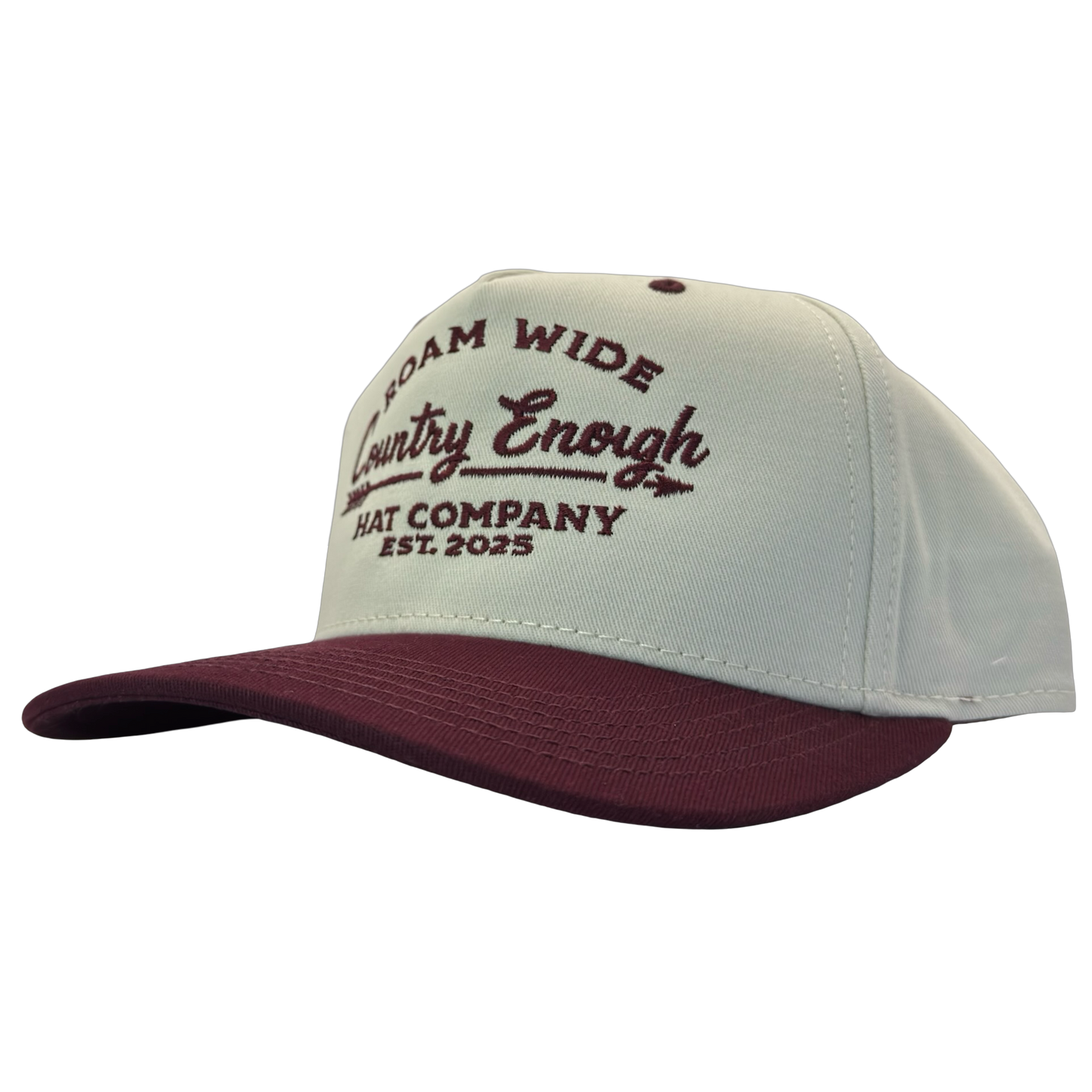 legacy heritage snapback with graphic of arrow and words roam wide, country enough hat company est. 2025 #wine