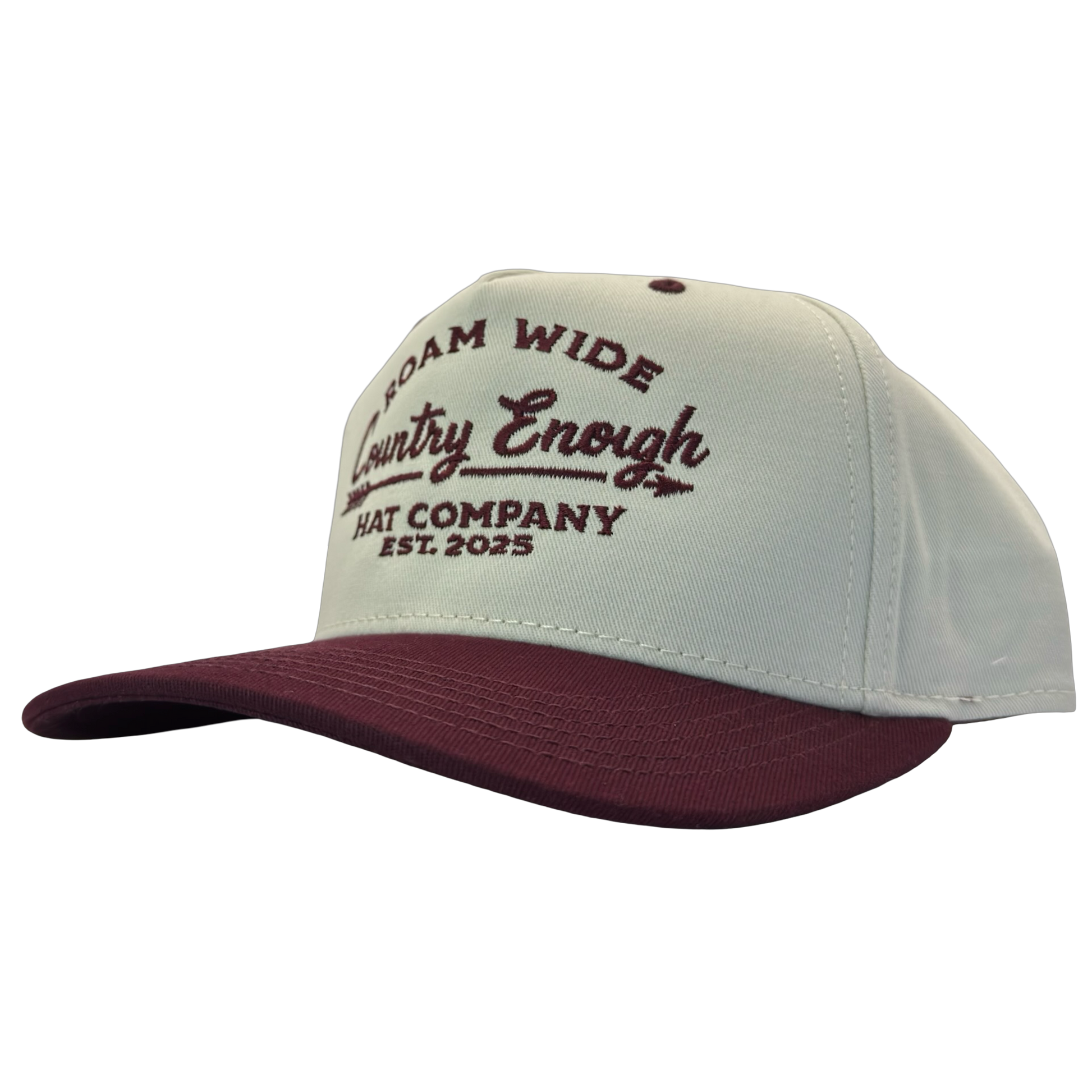 legacy heritage snapback with graphic of arrow and words roam wide, country enough hat company est. 2025 #wine
