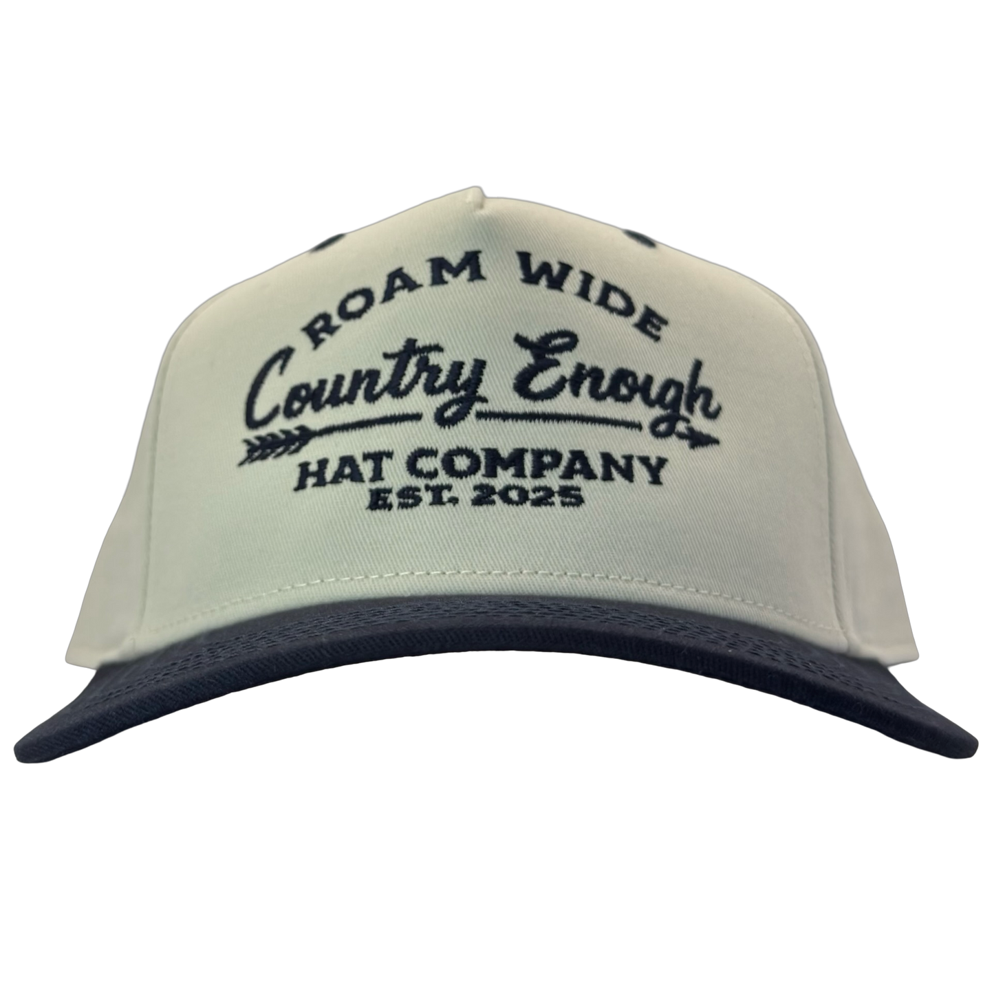 legacy heritage snapback with graphic of arrow and words roam wide, country enough hat company est. 2025 #navy