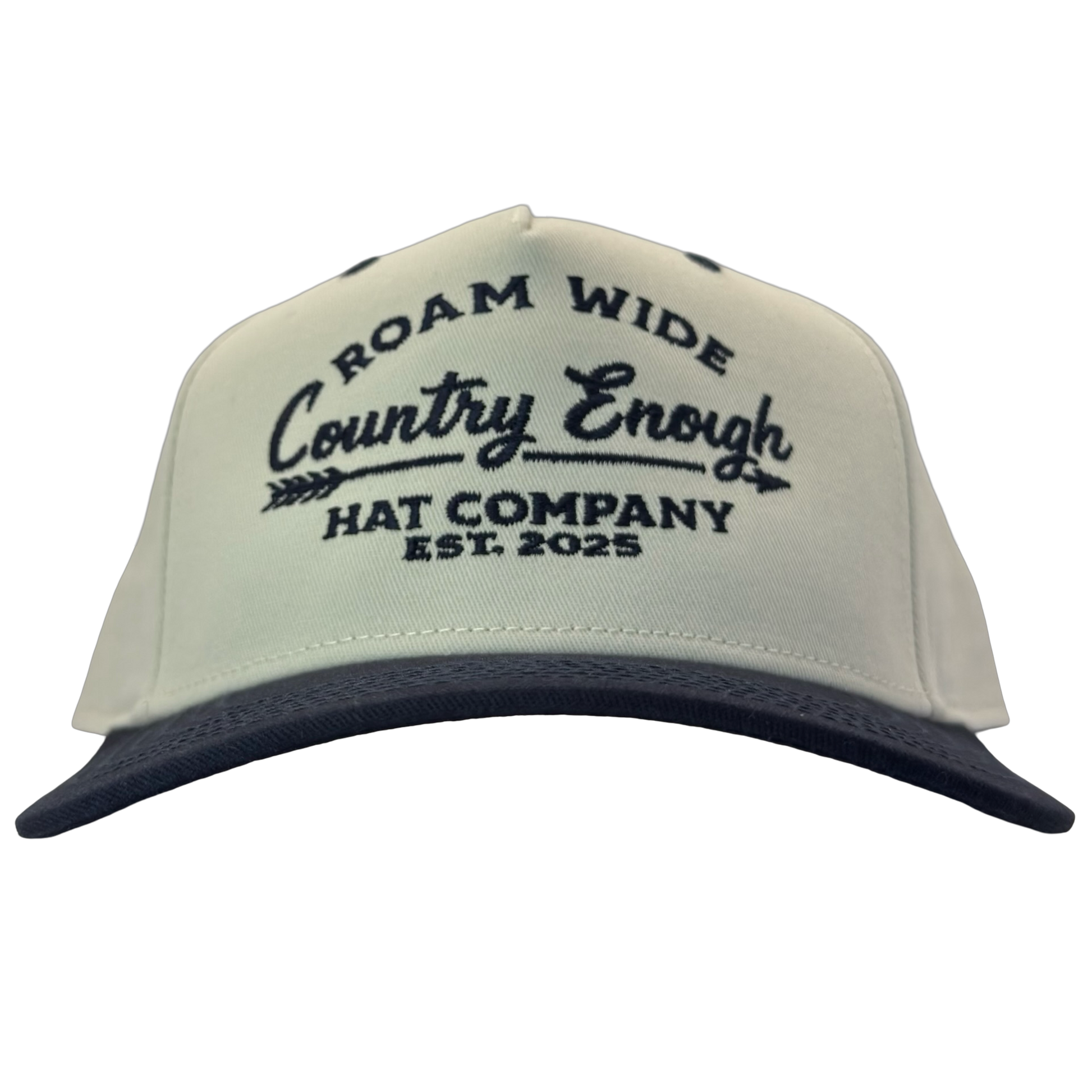 legacy heritage snapback with graphic of arrow and words roam wide, country enough hat company est. 2025 #navy