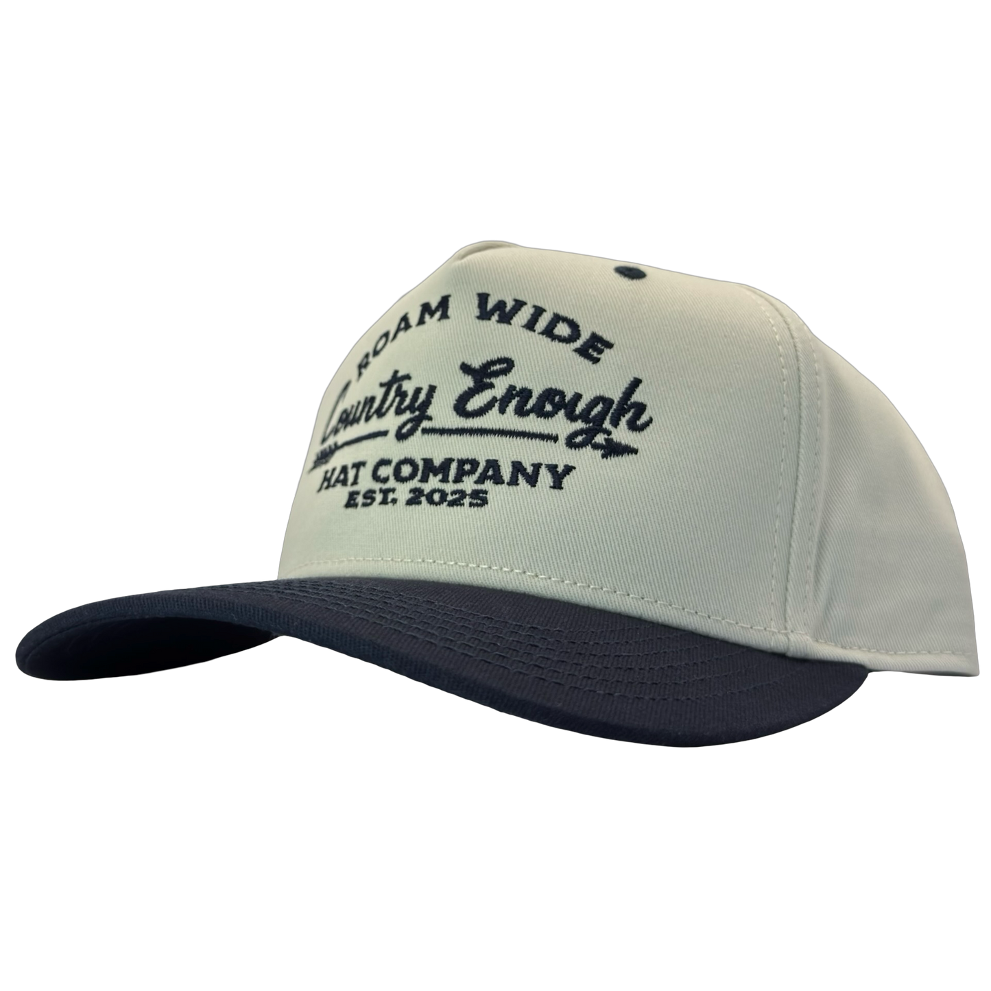 legacy heritage snapback with graphic of arrow and words roam wide, country enough hat company est. 2025 #navy