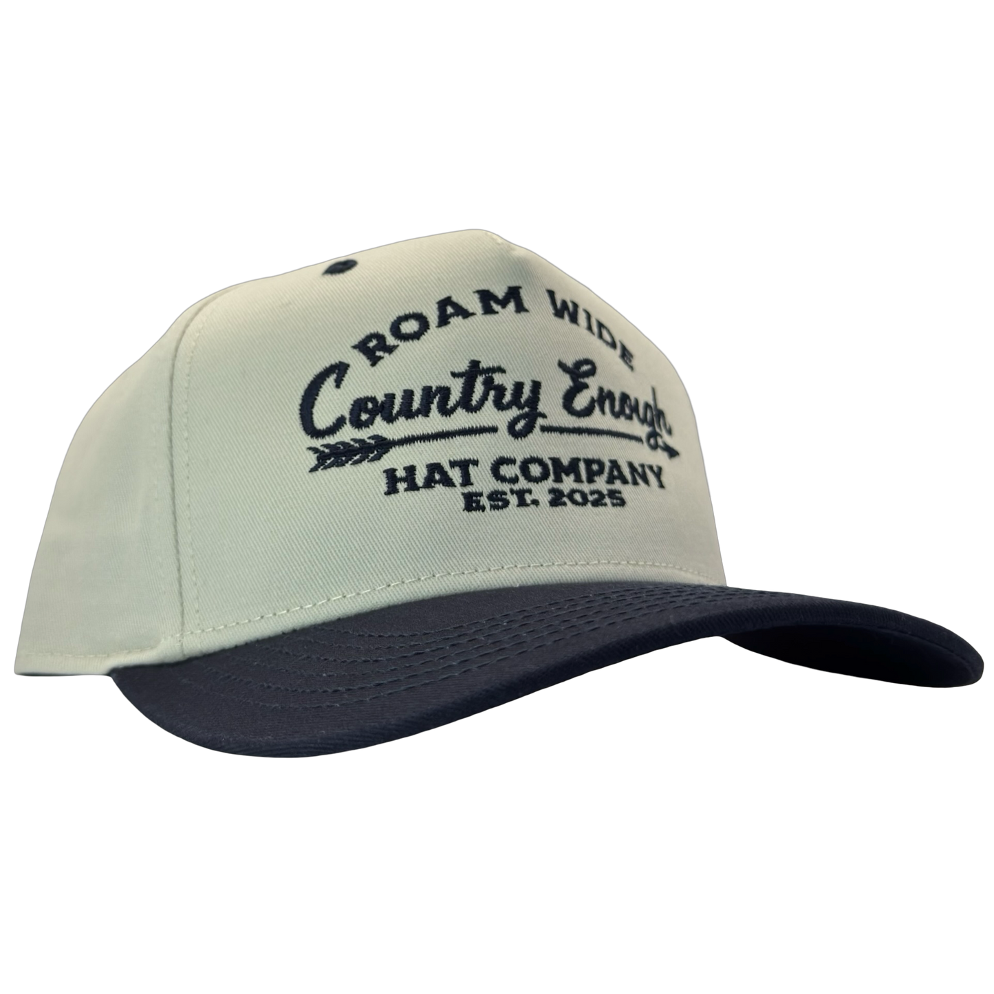 legacy heritage snapback with graphic of arrow and words roam wide, country enough hat company est. 2025 #navy