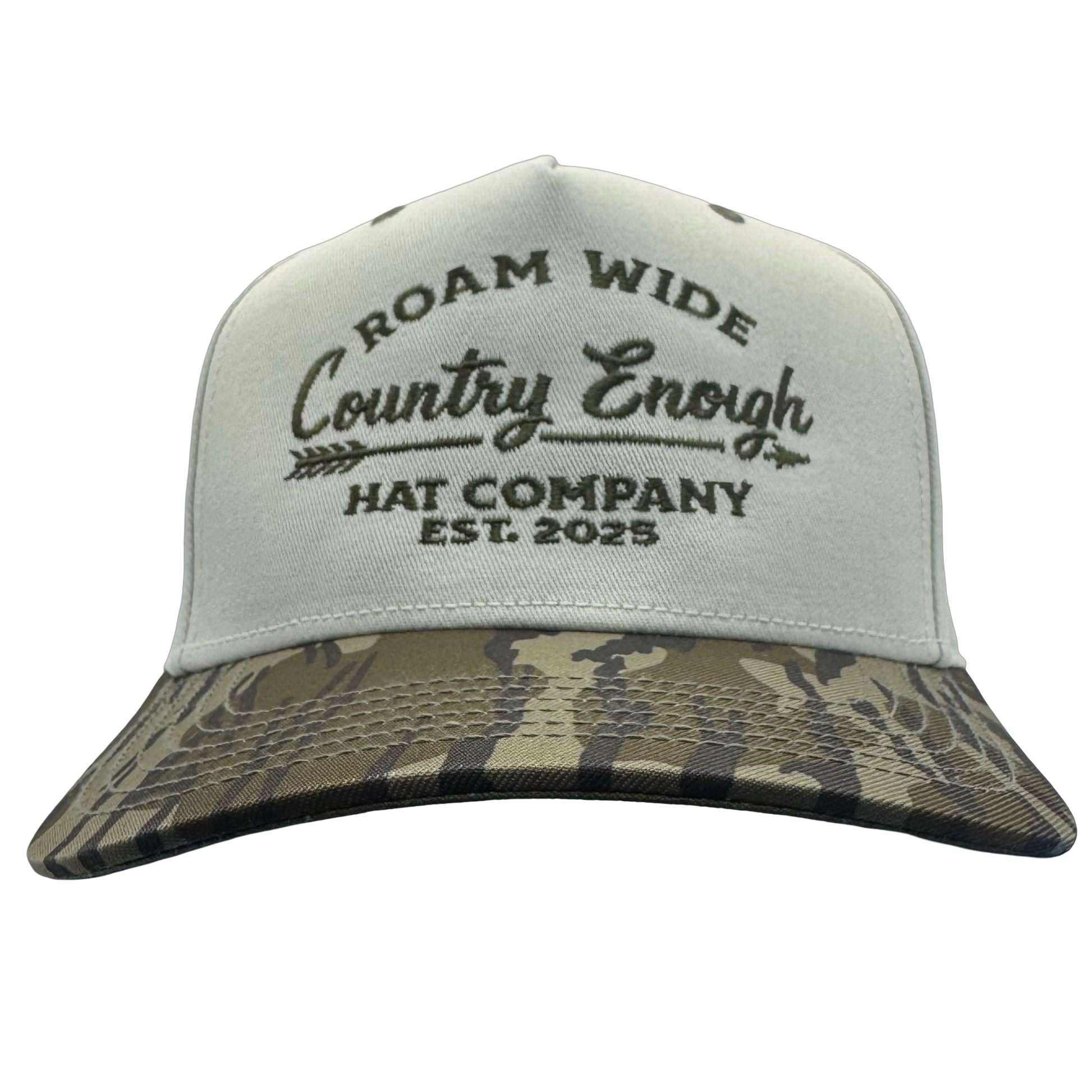 legacy heritage snapback with graphic of arrow and words roam wide, country enough hat company est. 2025 #bottomland
