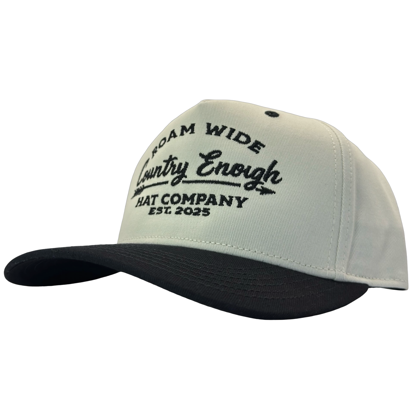 legacy heritage snapback with graphic of arrow and words roam wide, country enough hat company est. 2025 #black