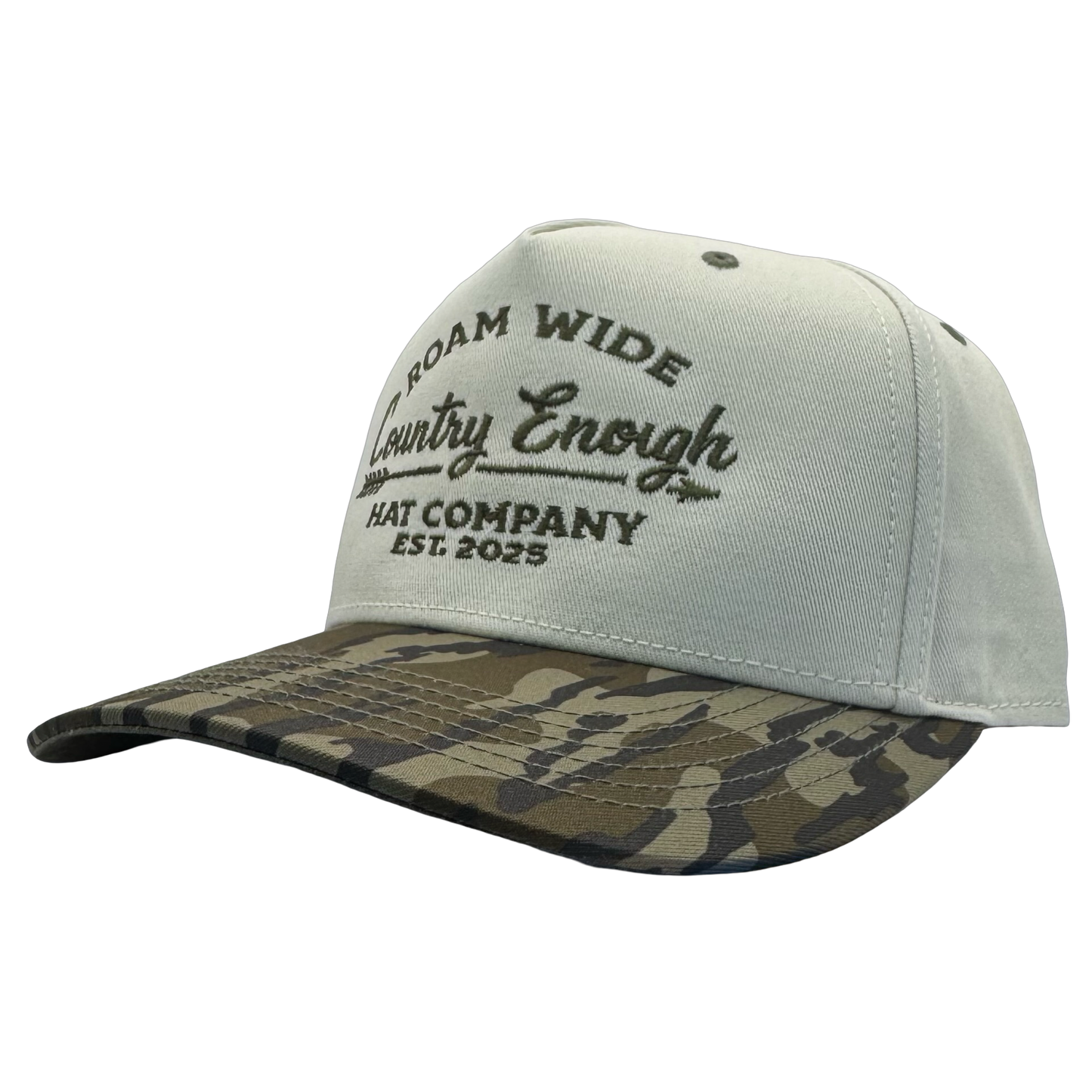 legacy heritage snapback with graphic of arrow and words roam wide, country enough hat company est. 2025 #bottomland