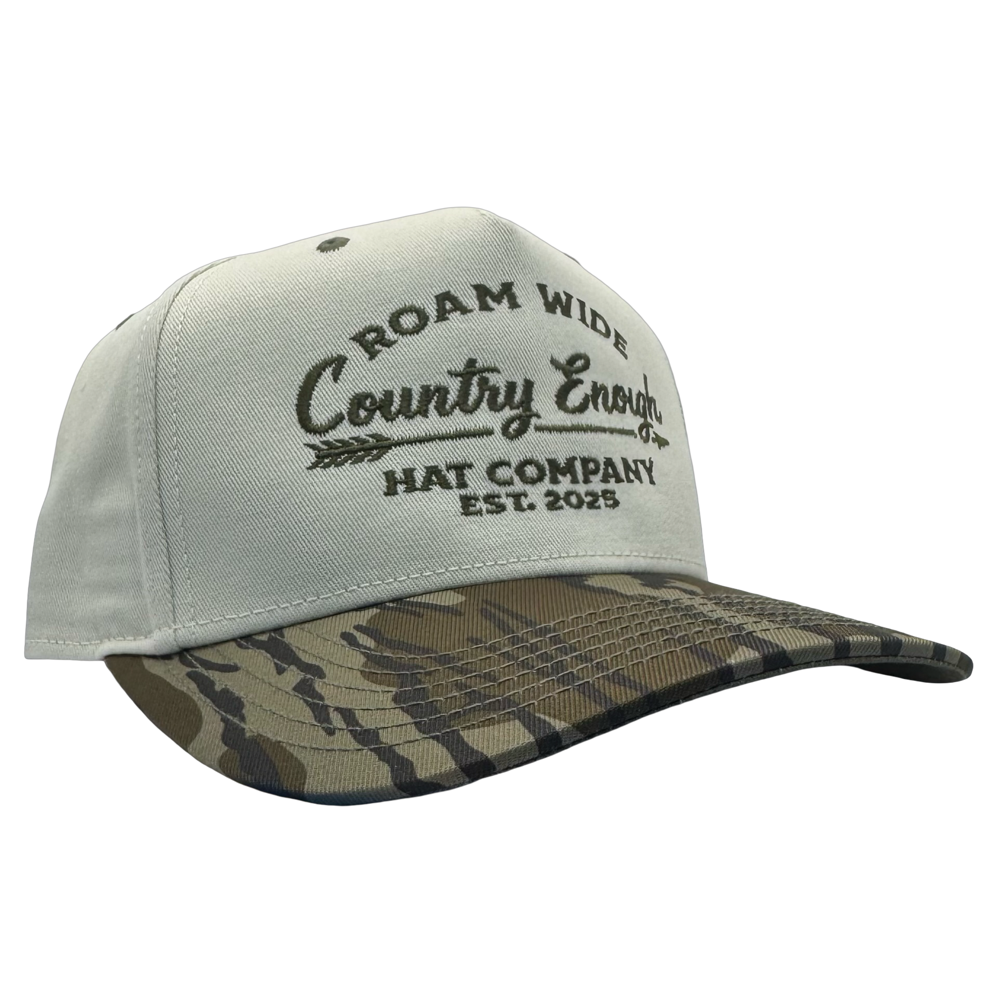 legacy heritage snapback with graphic of arrow and words roam wide, country enough hat company est. 2025 #bottomland