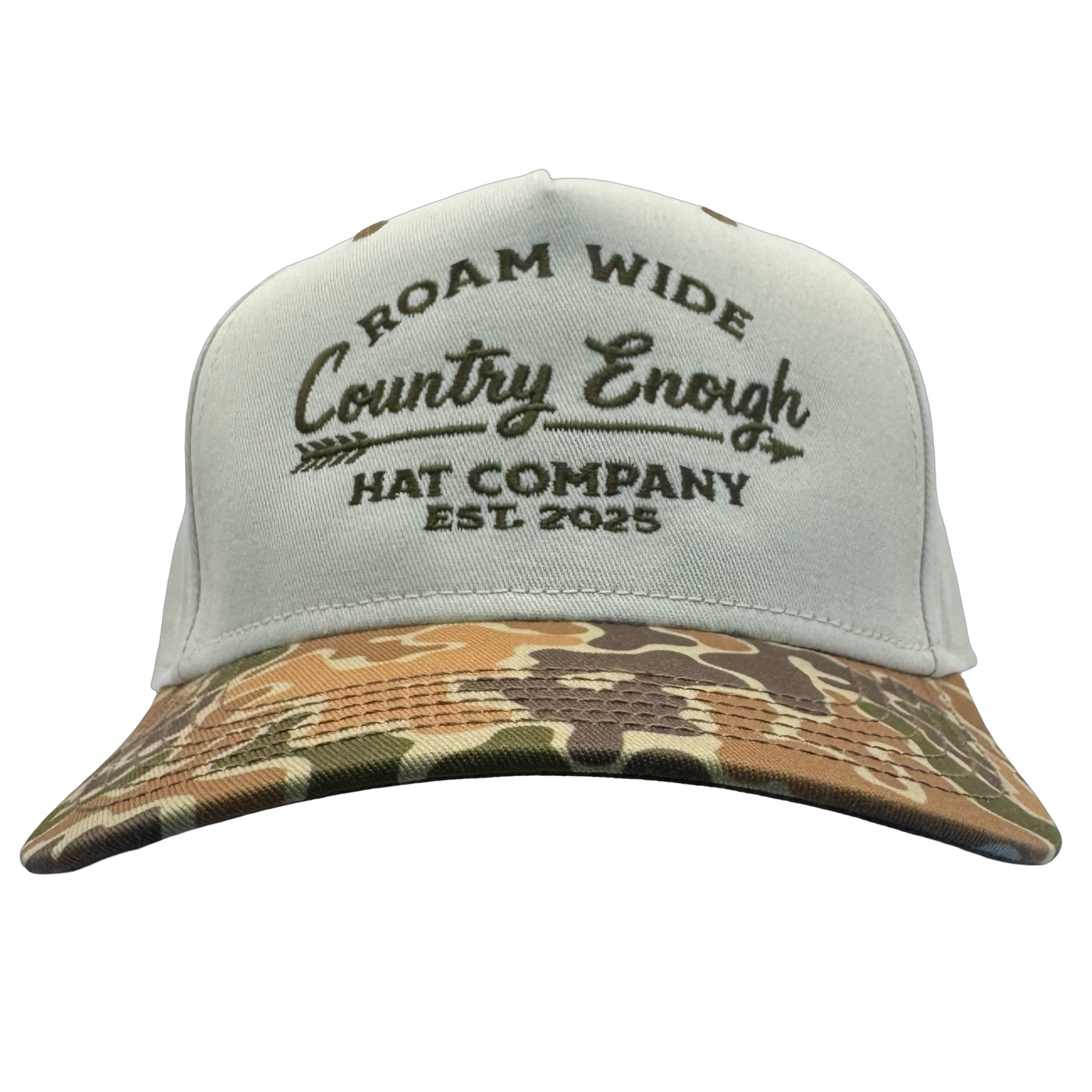 legacy heritage snapback with graphic of arrow and words roam wide, country enough hat company est. 2025 #duckcamo