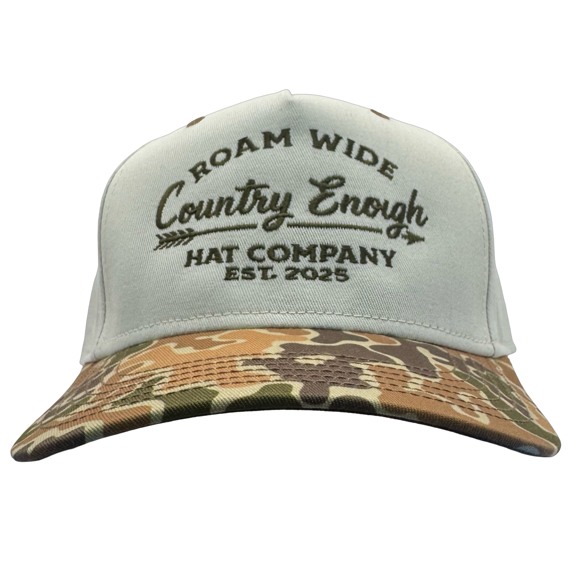 legacy heritage snapback with graphic of arrow and words roam wide, country enough hat company est. 2025 #duckcamo