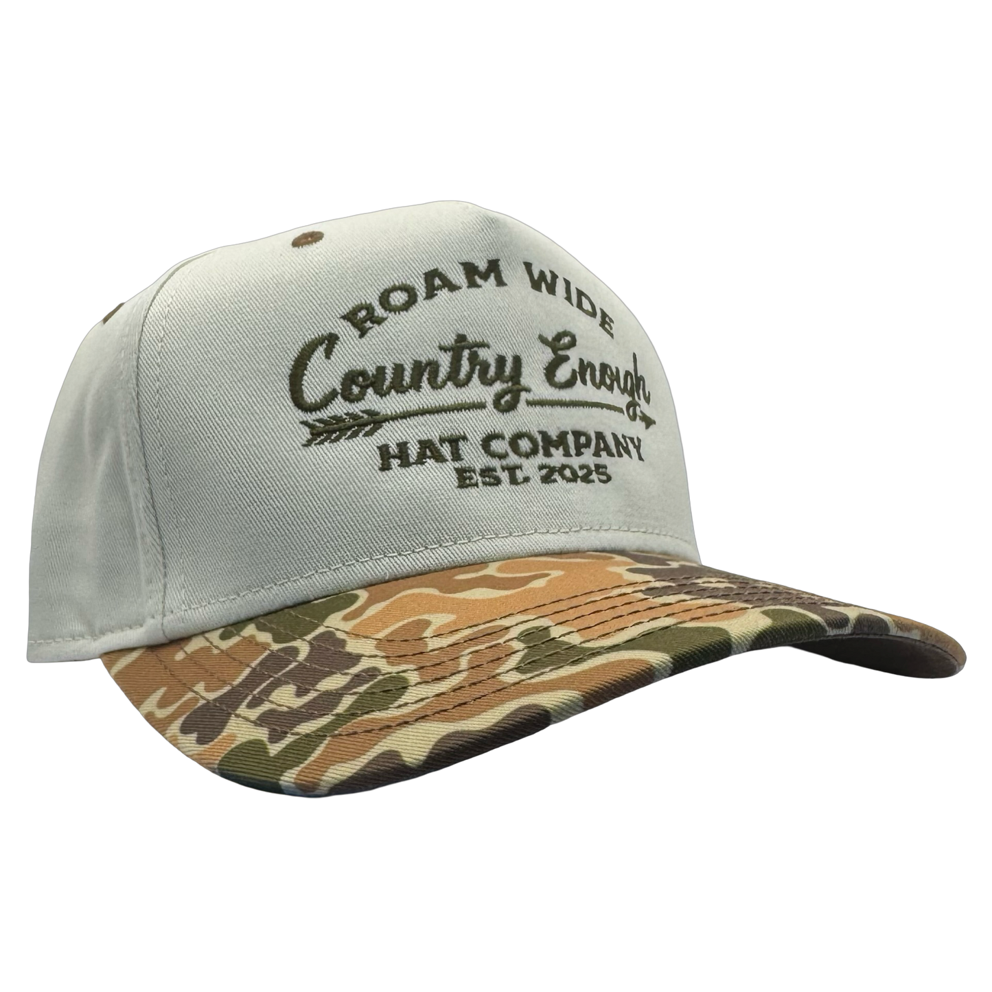 legacy heritage snapback with graphic of arrow and words roam wide, country enough hat company est. 2025 #duckcamo
