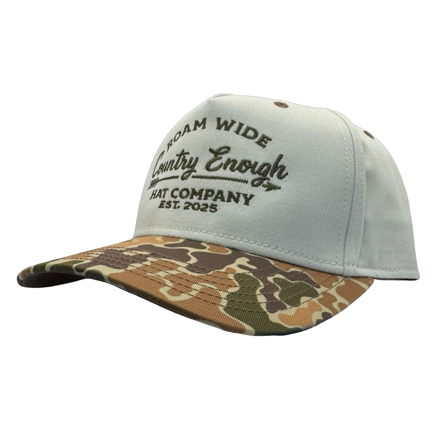 legacy heritage snapback with graphic of arrow and words roam wide, country enough hat company est. 2025 #duckcamo