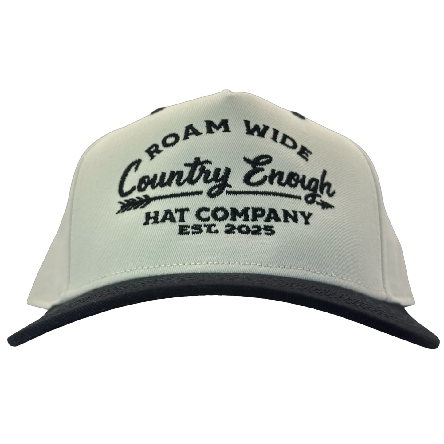 legacy heritage snapback with graphic of arrow and words roam wide, country enough hat company est. 2025 #black