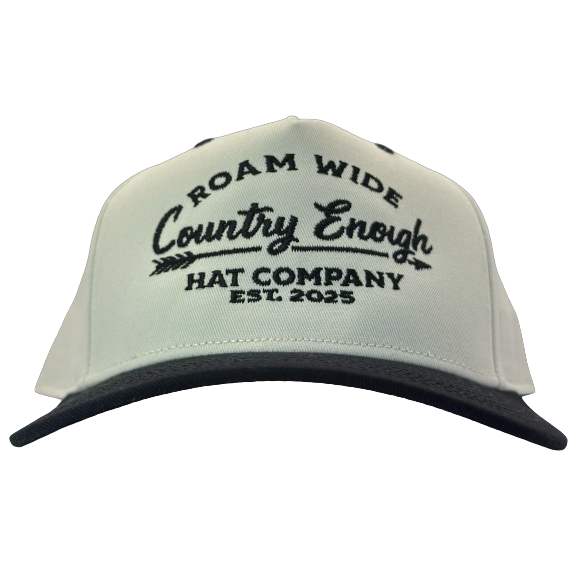 legacy heritage snapback with graphic of arrow and words roam wide, country enough hat company est. 2025 #black
