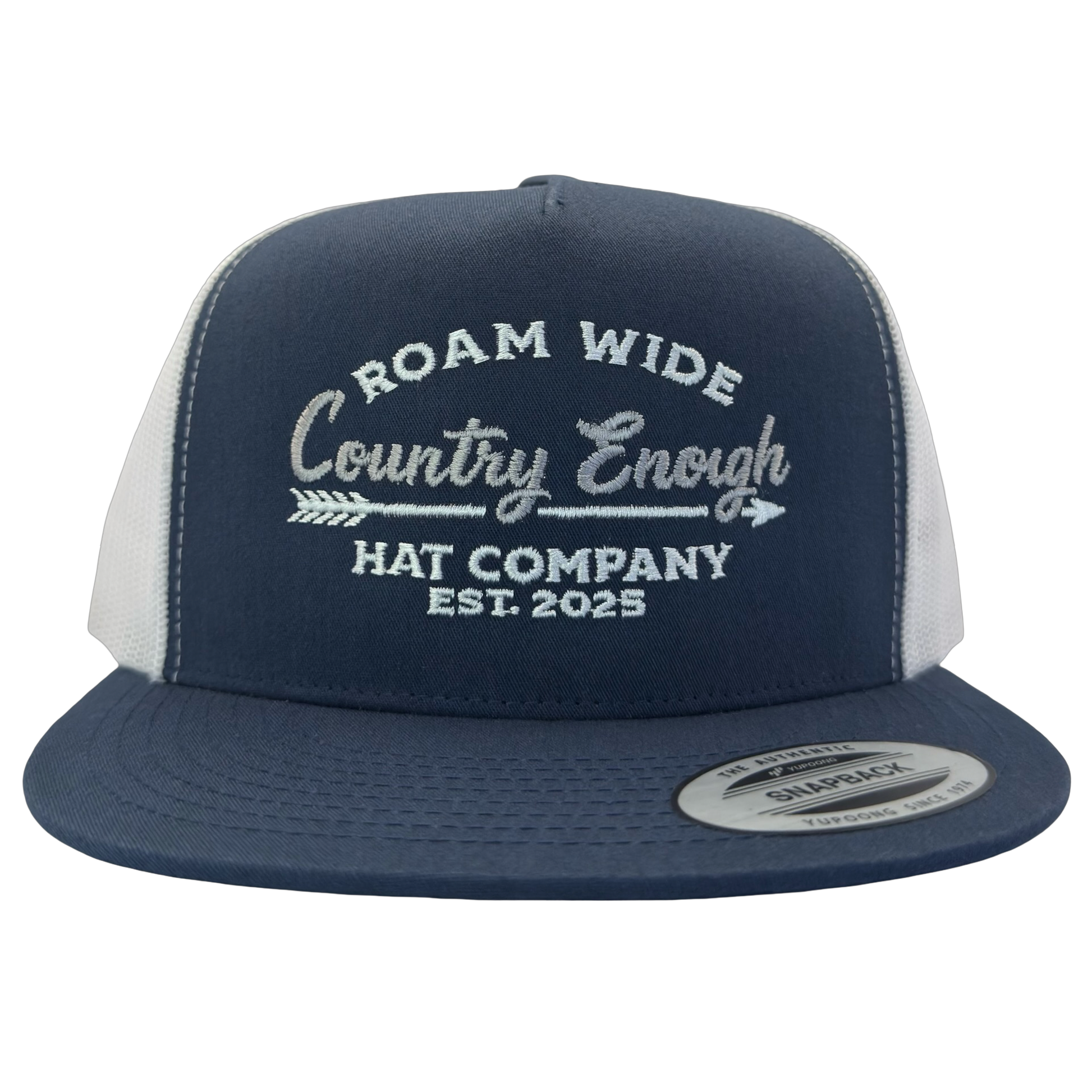 Yupoong 6006 snapback with words roam wide country enough hat company est. 2025 #navy/white