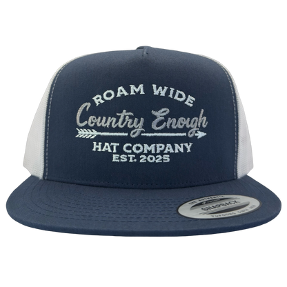 Yupoong 6006 snapback with words roam wide country enough hat company est. 2025 #navy/white