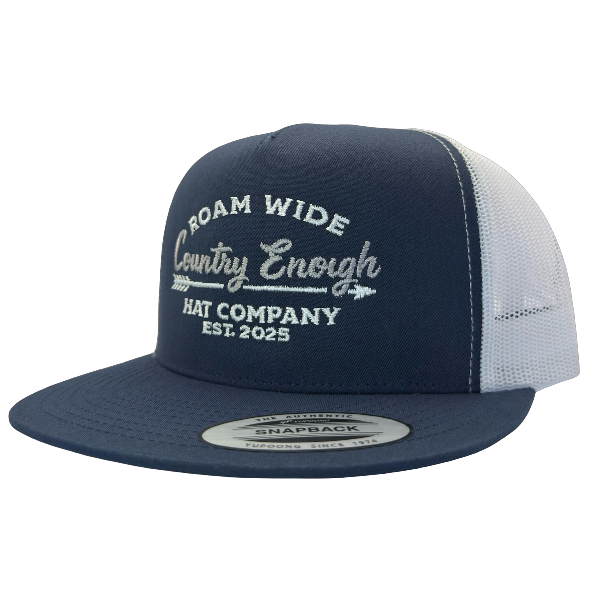 Yupoong 6006 snapback with words roam wide country enough hat company est. 2025 #navy/white