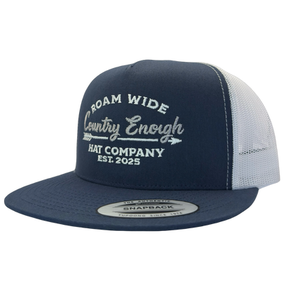 Yupoong 6006 snapback with words roam wide country enough hat company est. 2025 #navy/white