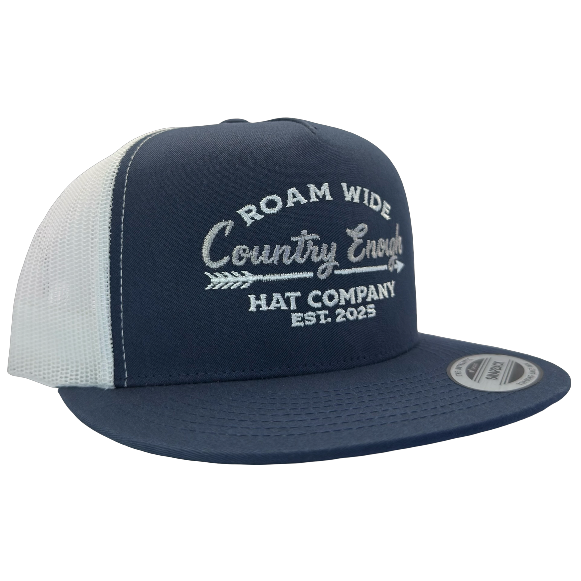 Yupoong 6006 snapback with words roam wide country enough hat company est. 2025 #navy/white