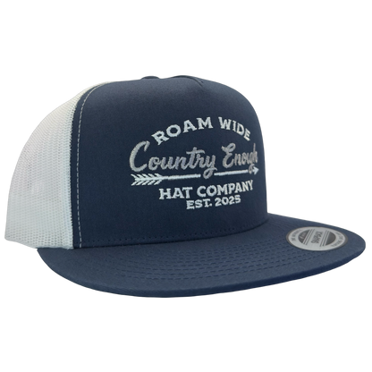 Yupoong 6006 snapback with words roam wide country enough hat company est. 2025 #navy/white