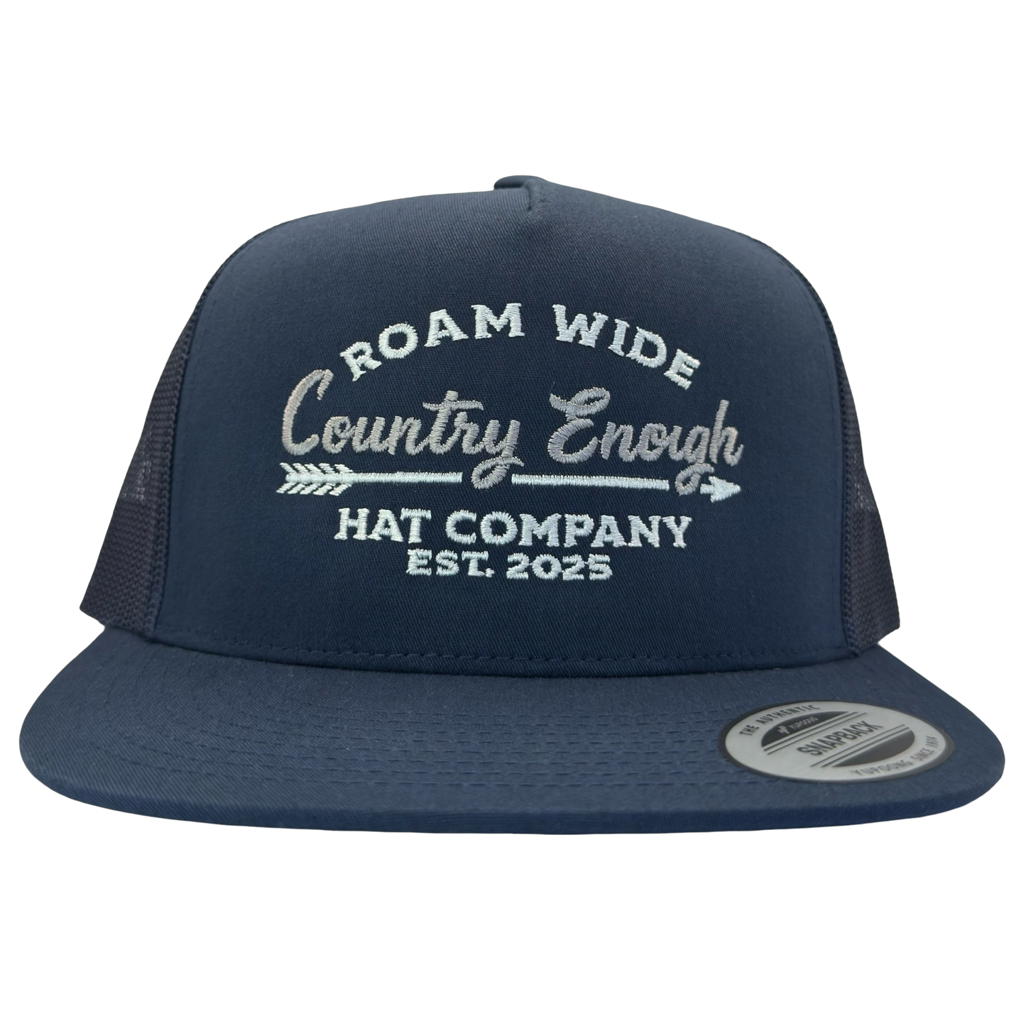 Yupoong 6006 snapback with words roam wide country enough hat company est. 2025 #navy