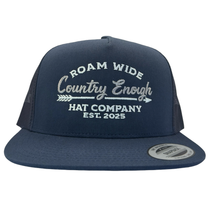 Yupoong 6006 snapback with words roam wide country enough hat company est. 2025 #navy