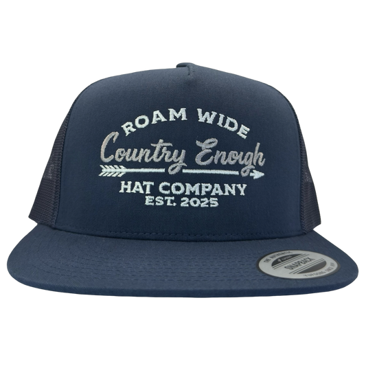 Yupoong 6006 snapback with words roam wide country enough hat company est. 2025 #navy