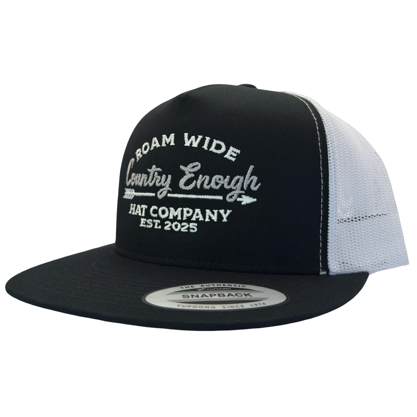 Yupoong 6006 snapback with words roam wide country enough hat company est. 2025 #black/white