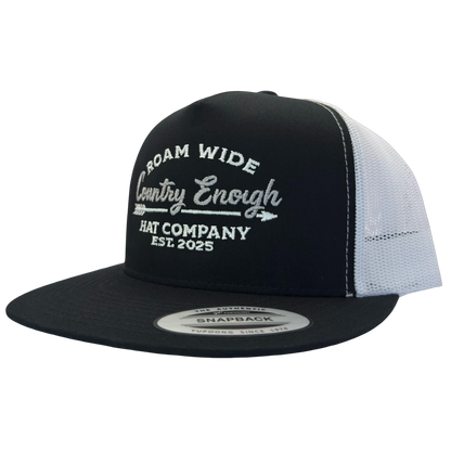 Yupoong 6006 snapback with words roam wide country enough hat company est. 2025 #black/white